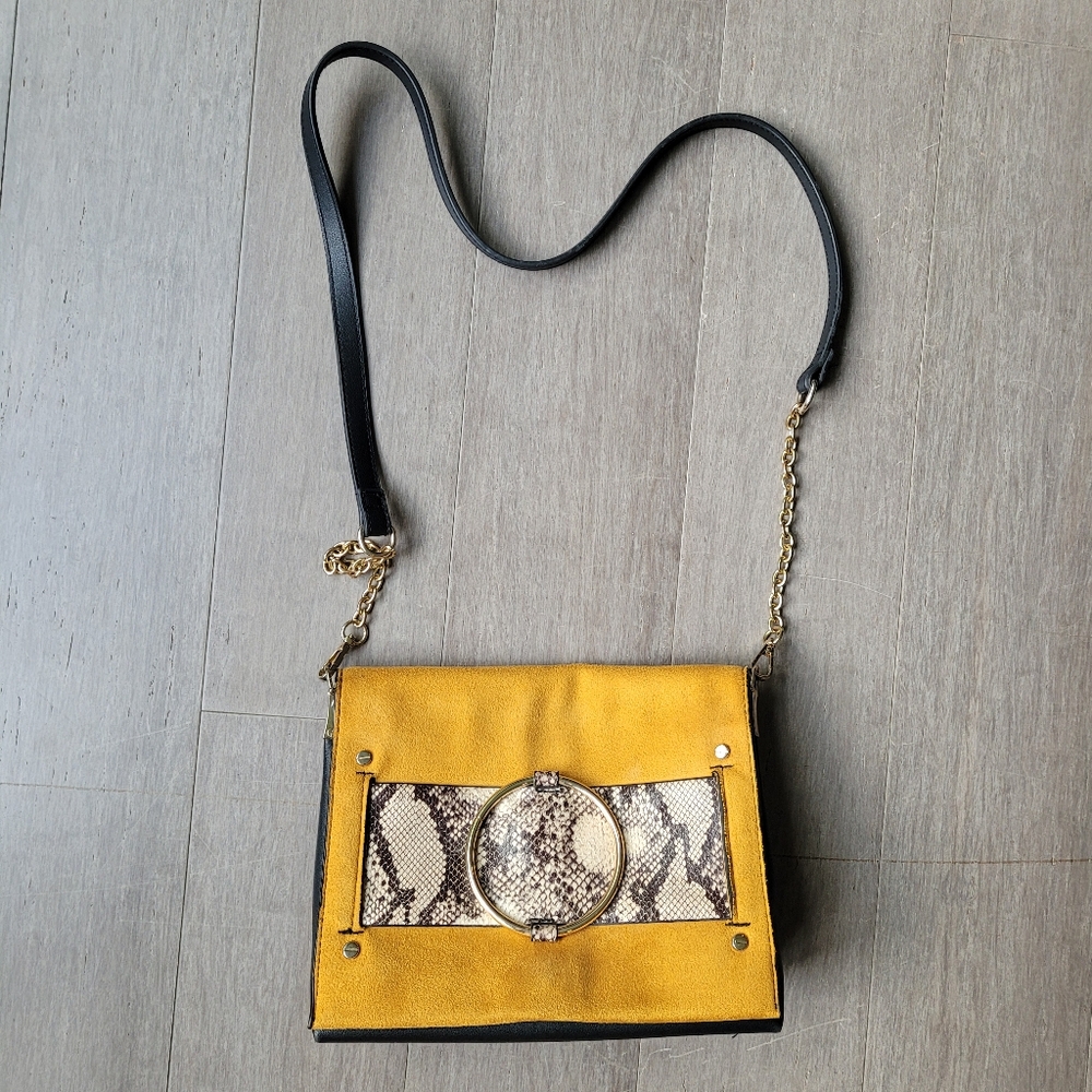 New Look Faux Suede Black And Yellow Shoulder Bag